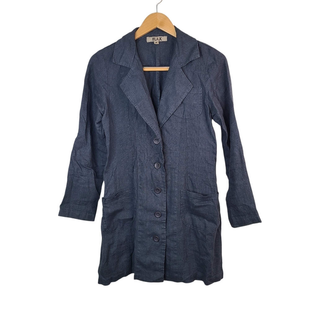 Flax 100% Linen Women's Navy Blazer Jacket Button Front Size P (Small)